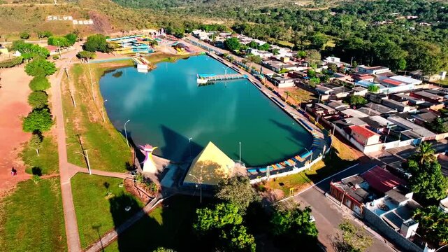 Town Landscape, Religious Temples, Yemanja Lake Water, Planaltina, Brasilia, Brazil, South America, Aerial View