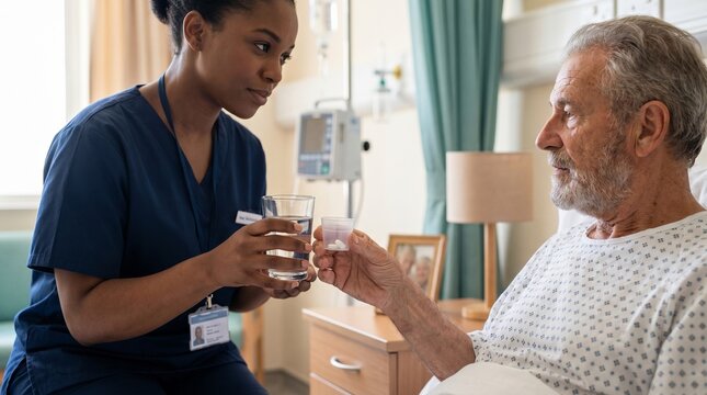 Nurse administers medication to an elderly male patient resting in a hospital bed to ensure he receives his necessary daily treatment on schedule.