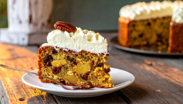 Delicious slice of hummingbird cake with pineapple banana and pecans topped with cream frosting on a plate