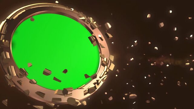 3D Metallic Gear Ring Crumbling Apart to Reveal Round Chroma Key Screen with Exploding Gold Shards and Spark Flares