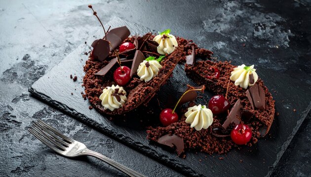 Deconstructed Black Forest Cake with Chocolate Crumbs, Whipped Cream, and Cherries on a Slate Platter