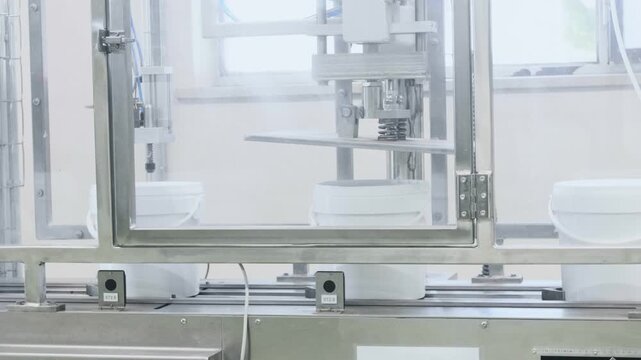 An automated industrial machine sealing white plastic containers on a conveyor belt inside a clean food manufacturing facility, highlighting precision and efficiency in modern production