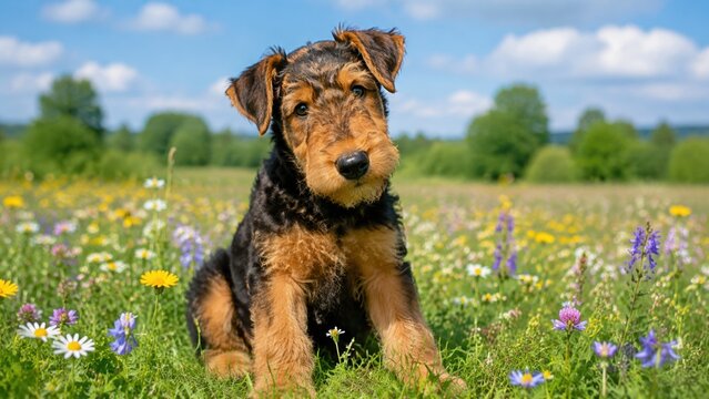 Airedale puppy sitting in wildflower meadow on sunny day