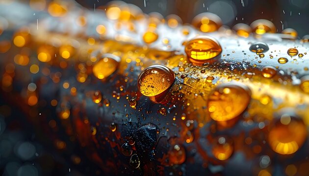 Water Droplets on Metal Surface Closeup.