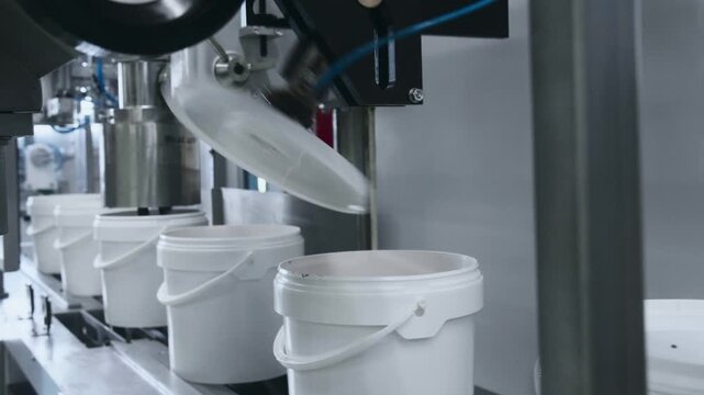 White plastic containers traveling through an industrial conveyor system inside a modern manufacturing facility, showcasing automated packaging and factory workflow efficiency