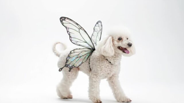 Cute white poodle dog wearing iridescent fairy wings on white background
