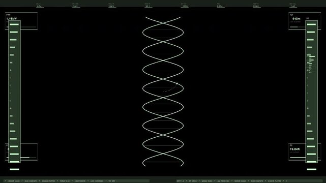 A green futuristic HUD interface element featuring a central vertical wave visualizer, side meters, and active data readouts. Loops seamlessly with a transparent background for easy compositing