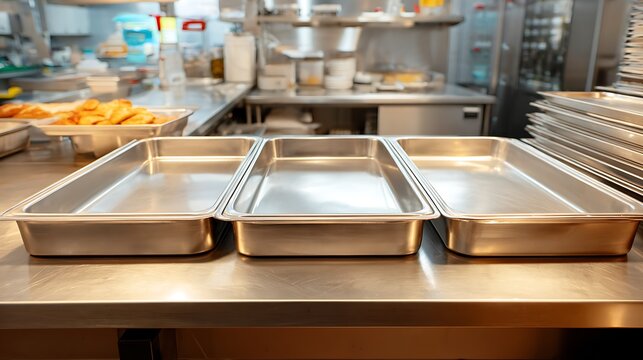Empty stainless steel hotel pans lined up on a commercial kitchen prep table.
