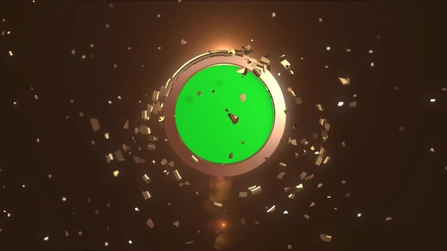 Polished Bronze Circular Frame Exploding in Slow Motion with Floating Debris and Green Screen Center Alpha Channel Overlay