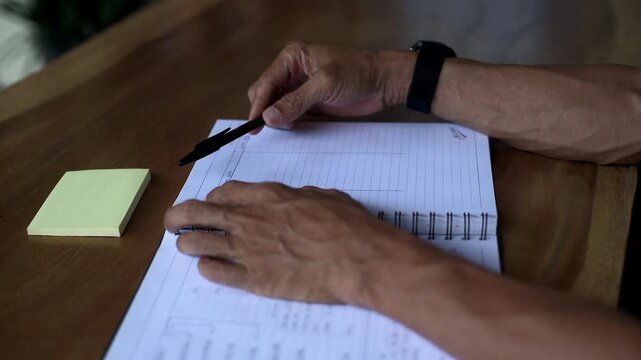 Asian male hand close up view inputting data in table column book on wooden table. Shot from still or static tripod
