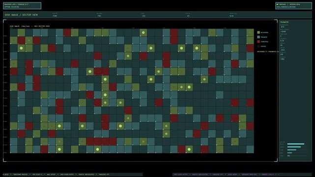A teal digital cybersecurity data panel displaying a hex sector disk image view with changing telemetry and network status. Loops seamlessly with a transparent background for compositing