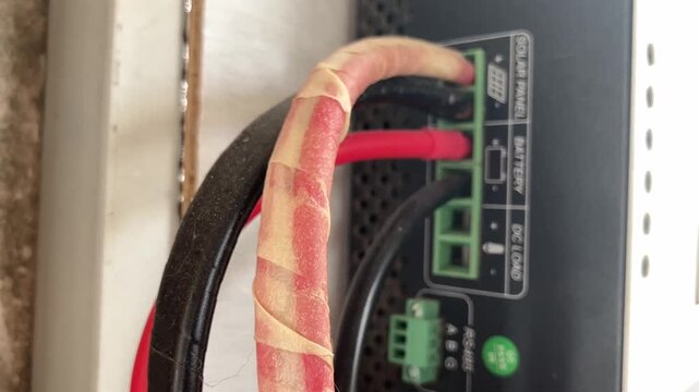 Handheld 4K close-up, selective focus on red and black cables connecting solar panel installation to a generic MPPT solar charge controller. Highlights wiring and renewable energy DIY setup.