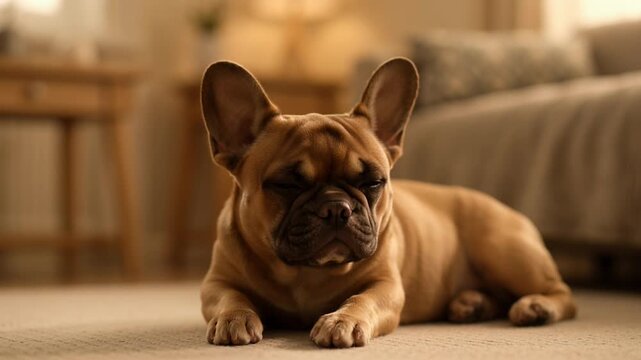 Fawn French Bulldog puppy sleeping on a cozy living room carpet in warm lighting