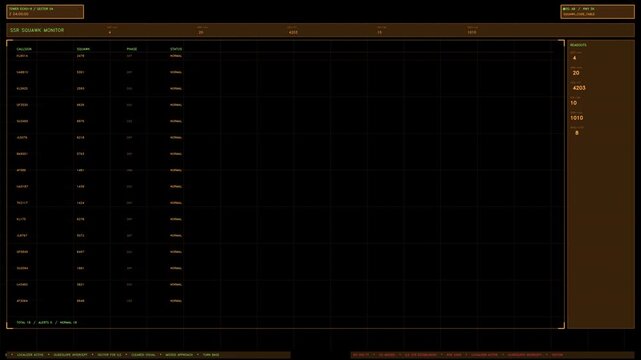 An amber air traffic control squawk monitor data panel featuring scrolling flight callsigns, codes, and weather readouts. Loops seamlessly with a transparent alpha channel for easy compositing