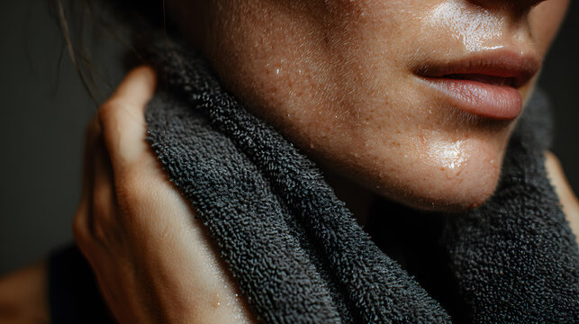 Close up of sweaty young woman wiping her face with dark towel after exercise, showing wet skin texture and hand contact