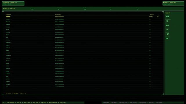 A green terminal interface simulating a brute force hacking attack with scrolling passwords, MD5 hashes, and network readouts. Loops seamlessly as an overlay element