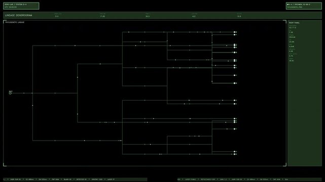 A green biotech interface element featuring an active phylogenetic tree dendrogram with shifting data values. Loops seamlessly as a transparent sci fi overlay