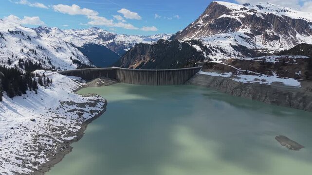 Aerial Panorama Hydroelectric Dam Reservoir Snowy Mountain Landscape