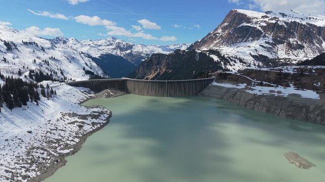 Stausee Kops Hydroelectric Dam Reservoir Lake in Austrian Alps AERIAL