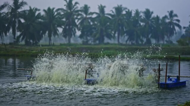 paddle wheel aerator spinning fast in aquaculture pond with background flying Egrets, coconut trees and field boundary at bhimavaram, andhra pradesh, india. day time, hand held shot, stable shot, 4k.