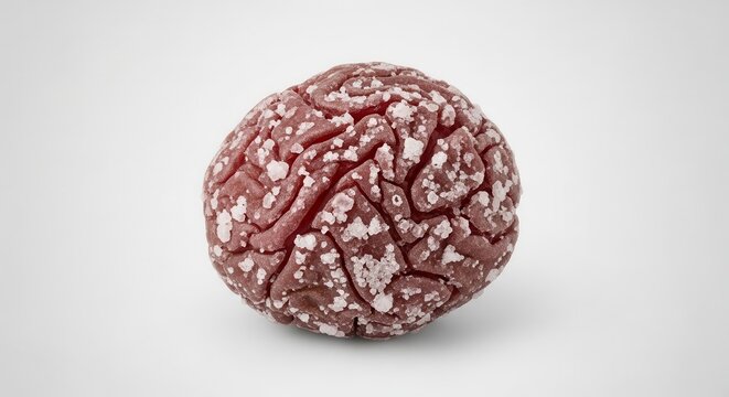 A single, realistic human brain model made of meat on a white background.