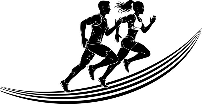 Running man and woman, isolated vector silhouettes. Run, side view. Silhouettes of athletic looking male and female runners running. Transparent EPS version.