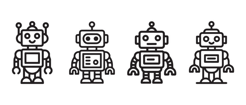 Set of cute robot character icons in a simple black line art style on a white background.