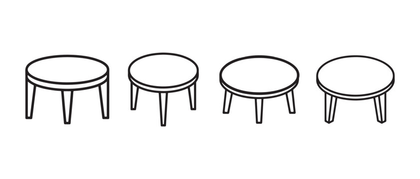 Set of four minimalist round coffee tables in isometric line art style on a clean white background.