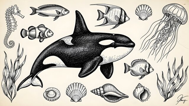 Vintage sketch style hand-drawn marine life collection majestic killer whale, various fish, shells, and seaweed. Perfect for ocean-themed art