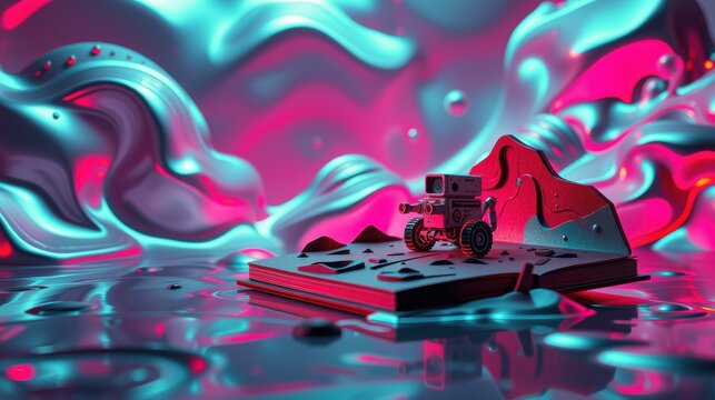 Futuristic vehicle atop book. Vibrant pinks, blues create surreal landscape. Dramatic lighting, glossy textures dominate scene.