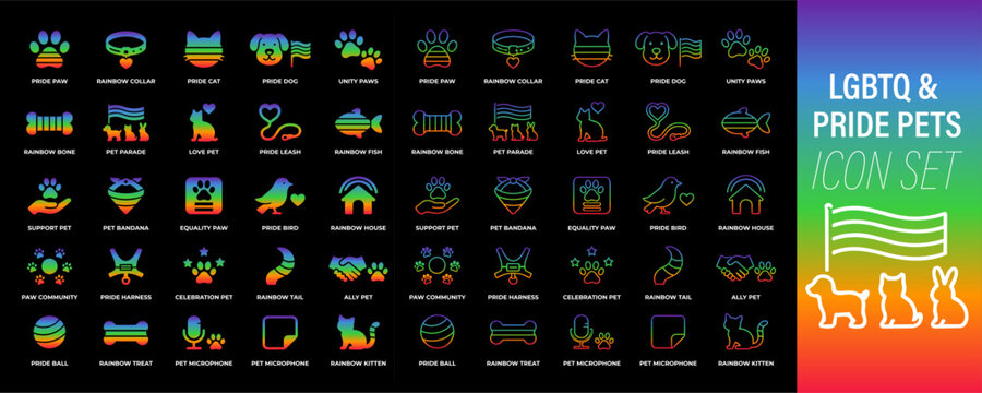 LGBTQ pride pet icon set with rainbow cat, dog, paw print, fish bowl, pet house and community line icons in neon gradient style