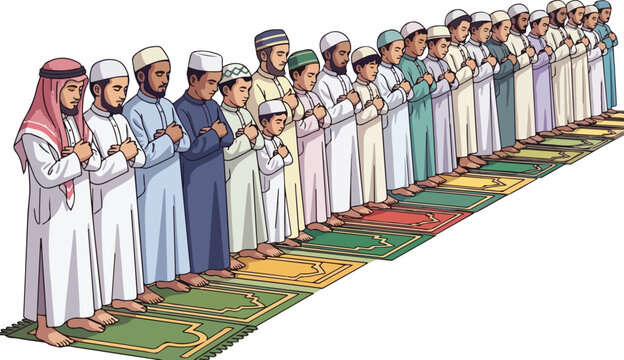 Muslim men in traditional attire standing in line for prayer on colorful mats in a mosque or islamic setting