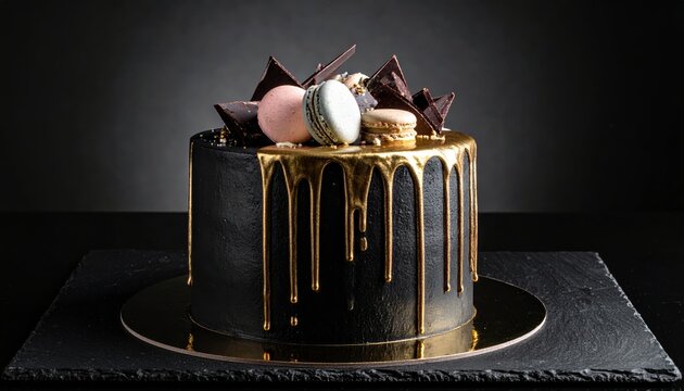 Elegant black drip cake adorned with metallic gold and exquisite chocolate decorations