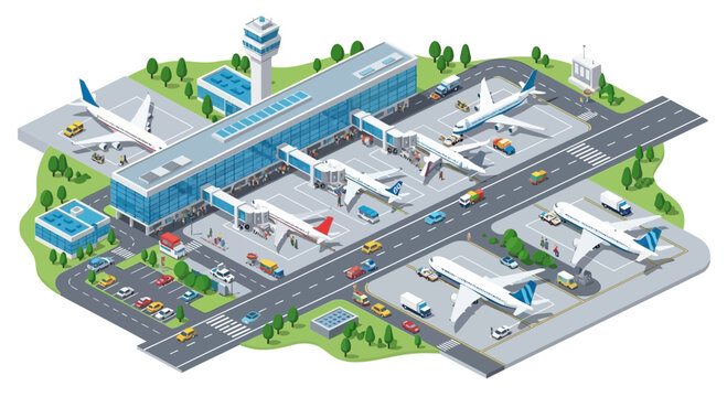 Modern Airport Terminal with Airplanes, Jet Bridges and Vehicles - Isometric View