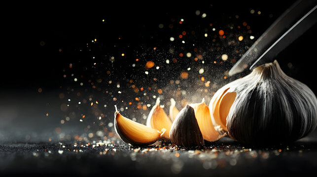Fermented black garlic clove peeled with dramatic lighting and spice particles, rustic culinary still life evoking rich umami aroma