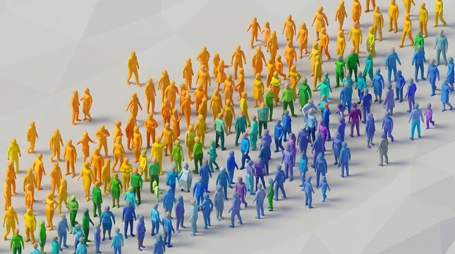 Isometric 3D render of a diverse crowd in rainbow colors