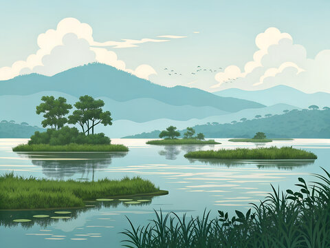 Loktak Lake floating islands minimal vector scene, tranquil water,