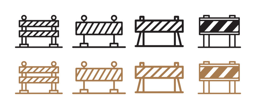 Set of road barrier icons. representing construction site safety and traffic control in minimalist style.