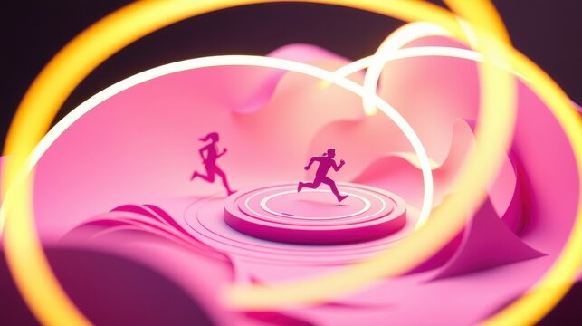Two runners compete on circular platform. Pink waves surround glowing rings. Abstract digital art, vibrant colors, dynamic scene.