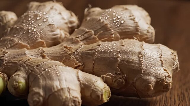 Closeup of Fresh Ginger Root with Water Droplets on Wooden Surface.