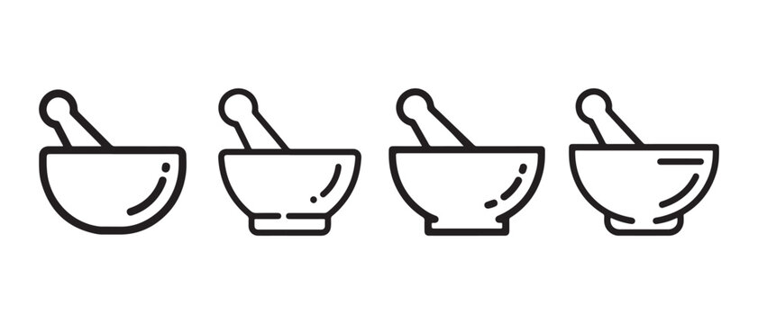 Set of mortar and pestle line icons. for pharmacy and cooking kitchen tools in a minimalist graphic style.