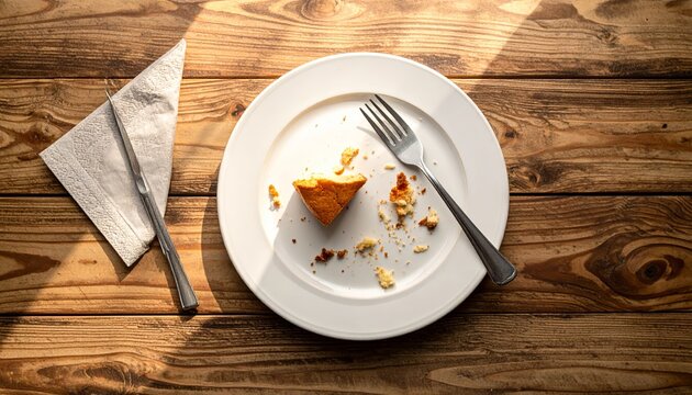 Empty white plate with remnants of cake and a fork on a wooden table after a satisfying meal