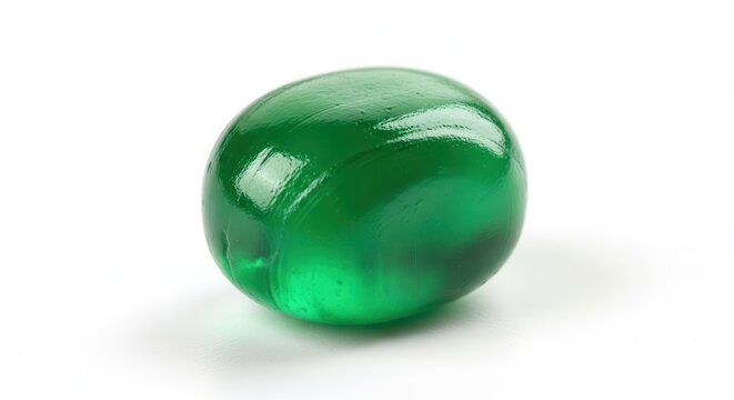 A single translucent green gemstone on a white background.