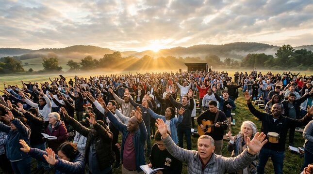 Large crowd of people with raised hands during an outdoor religious gathering at sunrise.