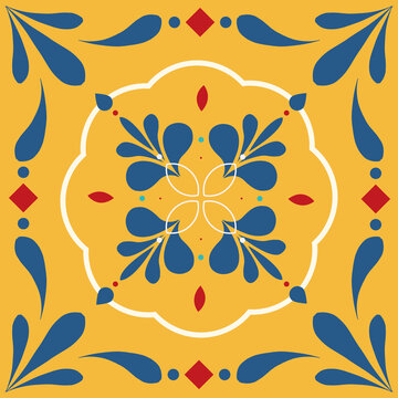 Tile displays a central floral arrangement with teardrop petals in blue and red accents, set against a bright yellow square to evoke a warm, traditional Mediterranean or Spanish architectural.