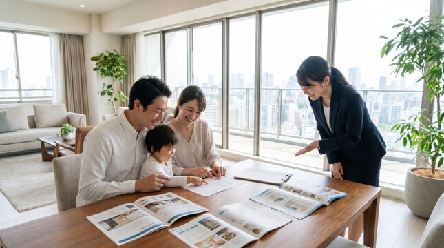 Realtor presenting apartment brochures to family at table
