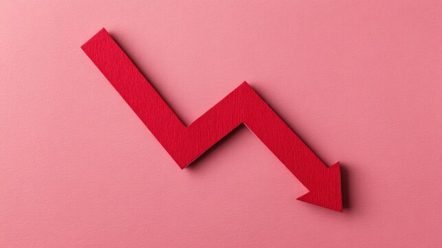 Red Zigzag Downward Arrow Icon on Pink Background Symbolizing Economic Crisis Market Decline Financial Loss and Recession Risk Concept