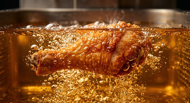 Golden crispy chicken drumstick deep frying in hot boiling oil