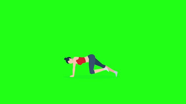 Animated woman doing bicycle crunches ab exercise on green screen background