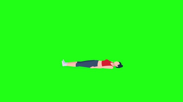 Animated woman doing lying leg raises on green screen background